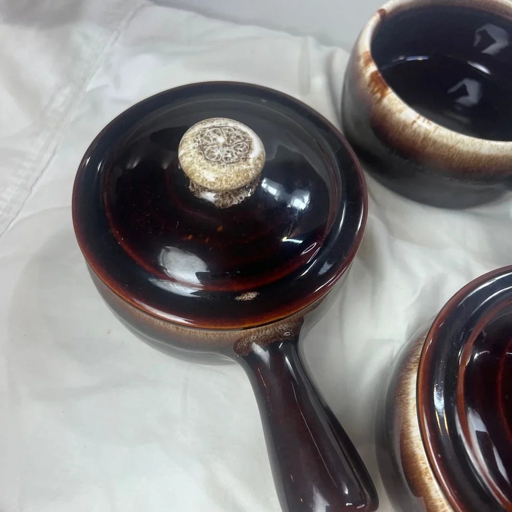 Vintage Brown Drip Glaze Ceramic Soup Crocks with Mushroom Lids Set of 4